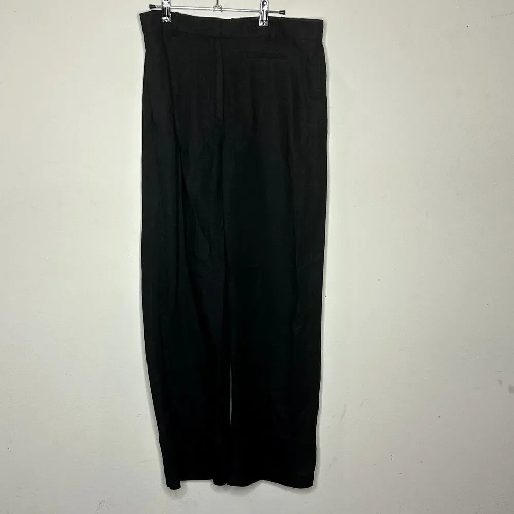 H&M Black Linen Blend Pockets High Rise Wide Leg Trouser Pants Women's Size 12